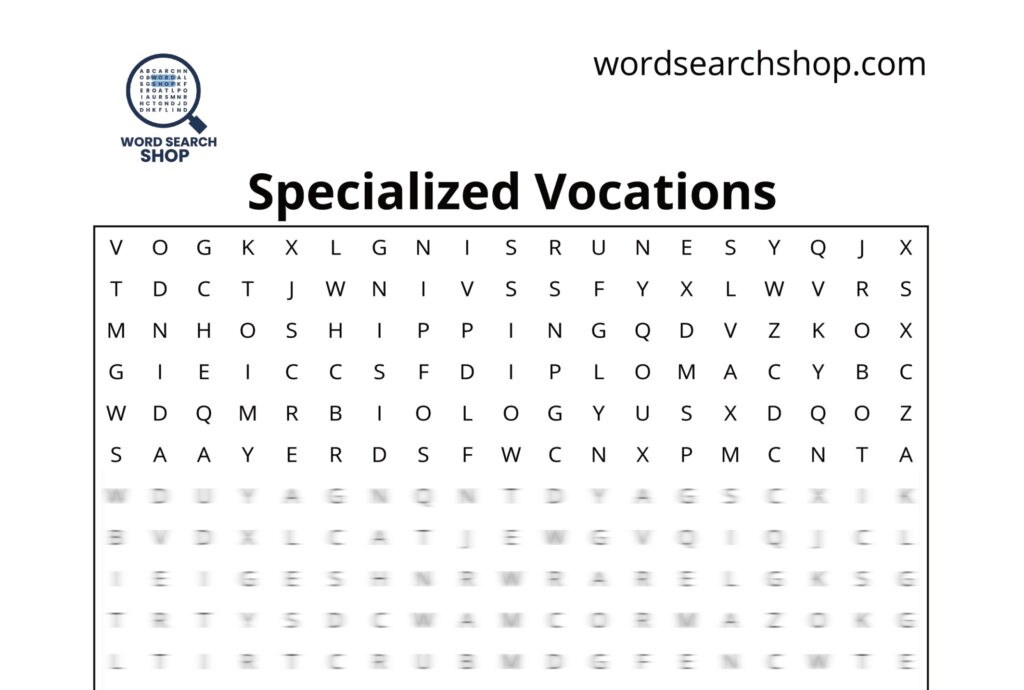 The grid of a careers word search with a Specialized Vocations headline.