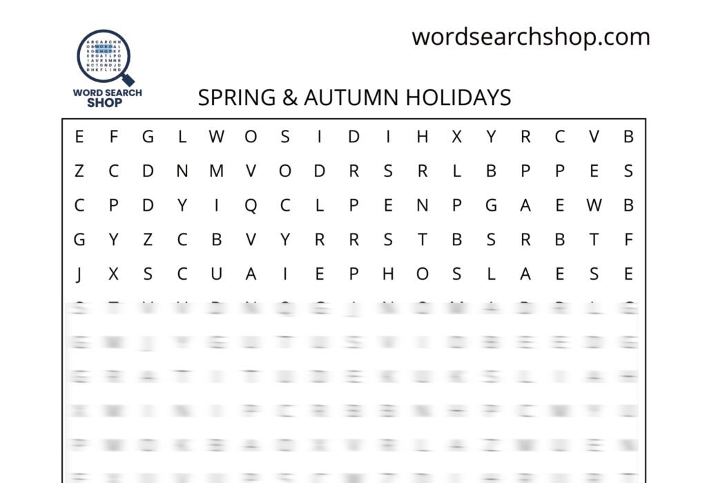A holiday word search puzzle that is titled Spring & Autumn Holidays.