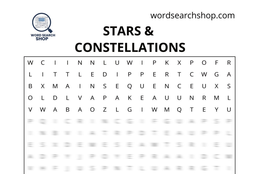 The grid of an Astronomy word search with a Stars & Constellations headline.