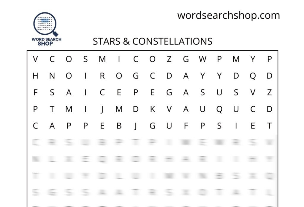 An astronomy word search puzzle that is titled Stars & Constellations.