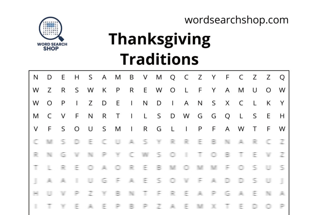 The grid of a Thanksgiving word search with a Thanksgiving Traditions headline.