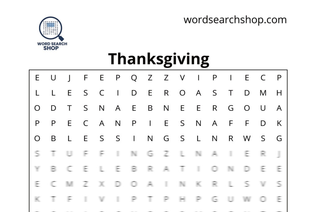 The grid of a Thanksgiving word search with a Thanksgiving headline.