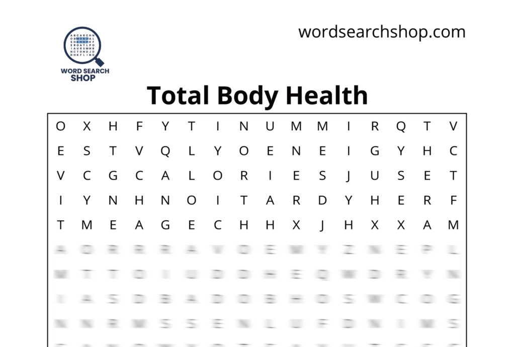 The grid of a Health word search with a Total Body Health headline.