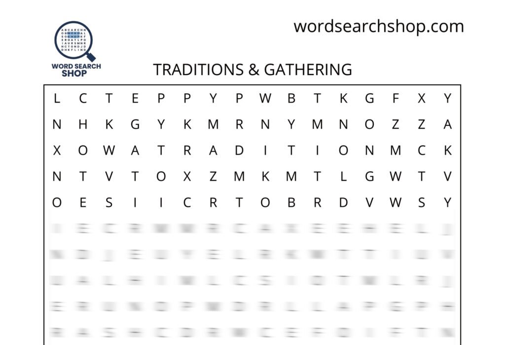 A Thanksgiving word search puzzle that is titled Traditions & Gathering.