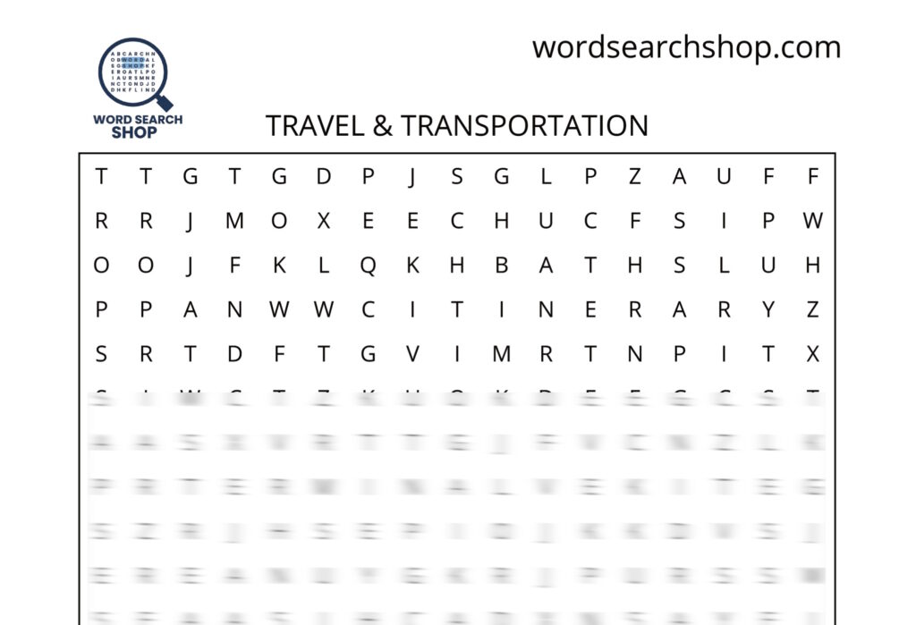 A travel word search puzzle that is titled Travel & Transportation.