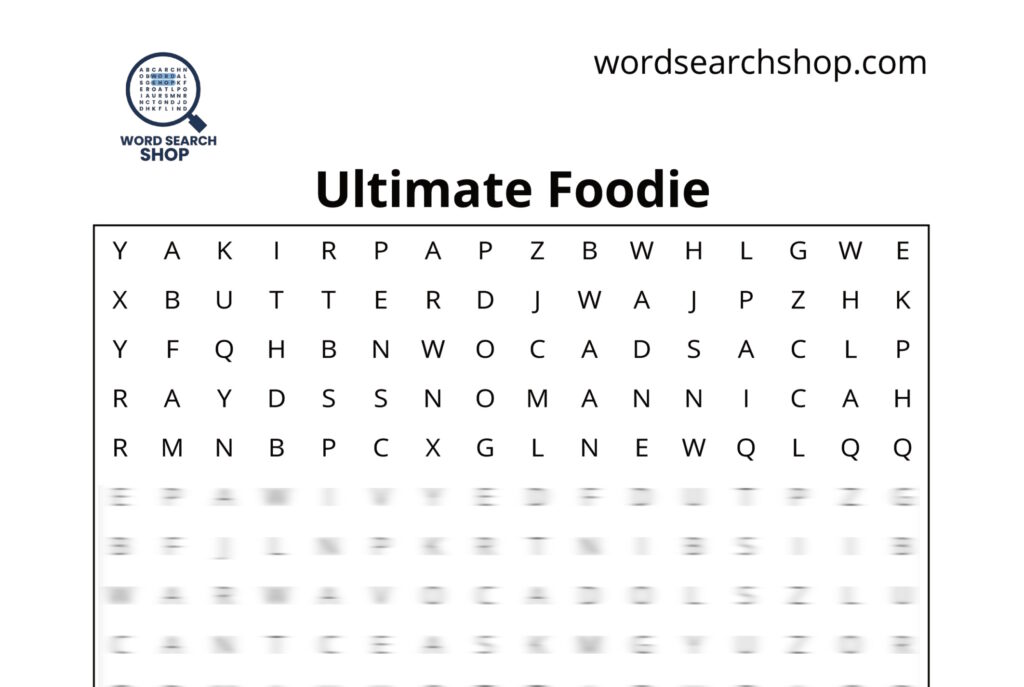 The grid of a Food word search with a Ultimate Foodie headline.