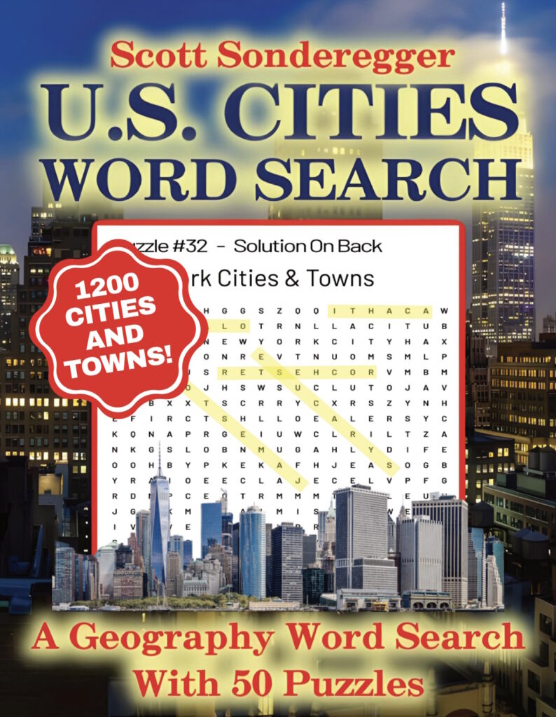 U.S. Cities Word Search book. A geography word search with 50 puzzles. Over 1200 cities and towns. By Scott Sonderegger.