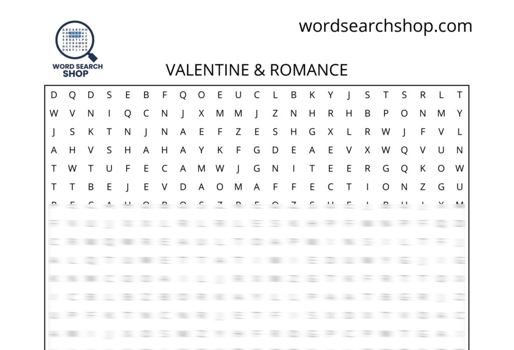 A celebratory holiday word search puzzle that is titled Valentine & Romance.