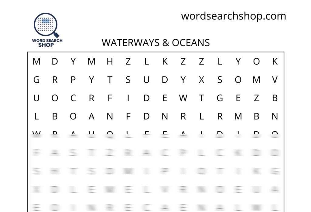 A nature word search puzzle that is titled Waterways & Oceans.