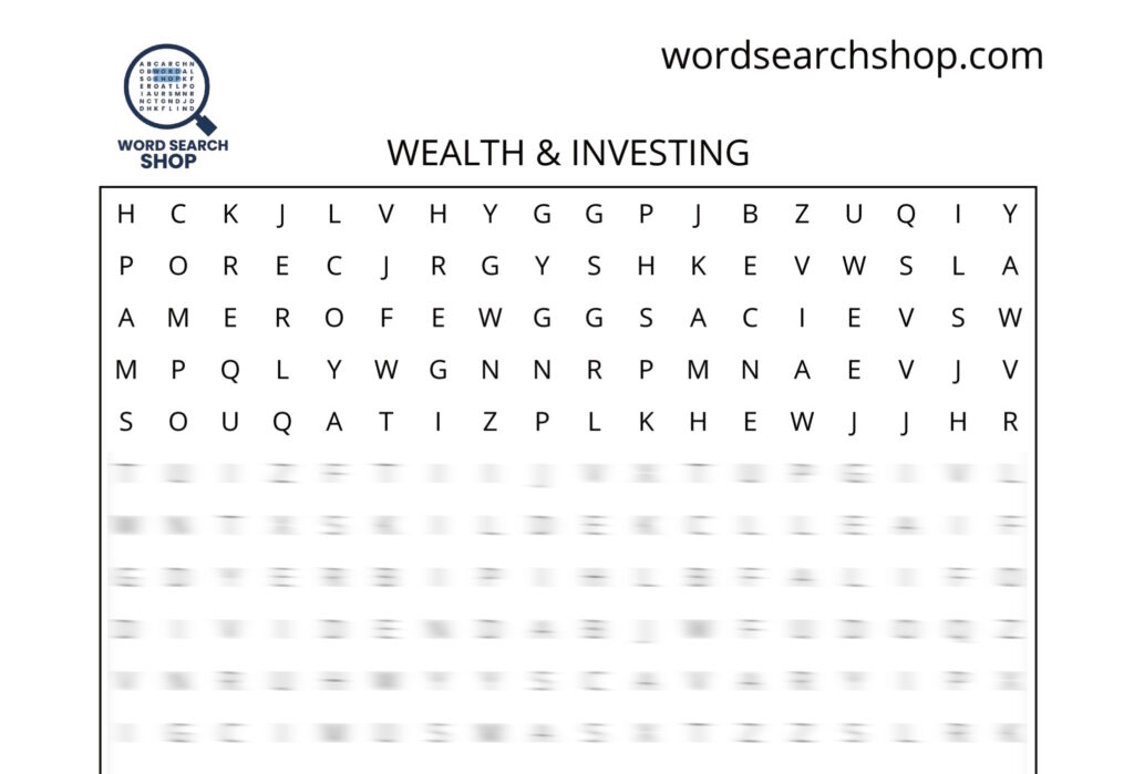 A personal finance word search puzzle that is titled Wealth & Investing.