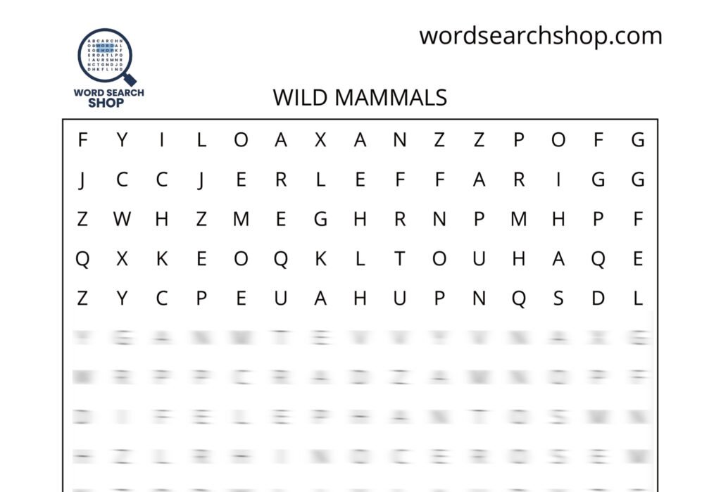 An animal word search puzzle that is titled Wild Mammals.