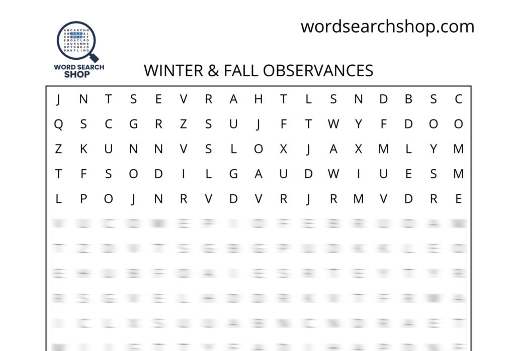 A federal holiday word search puzzle that is titled Winter & Fall Observances.