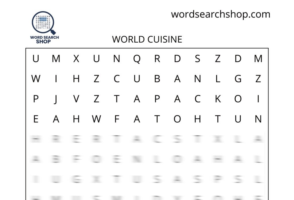 A food and beverage word search puzzle that is titled World Cuisine.