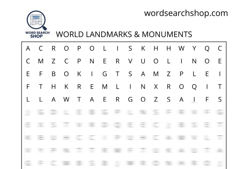 A travel word search puzzle that is titled World Landmarks & Monuments.