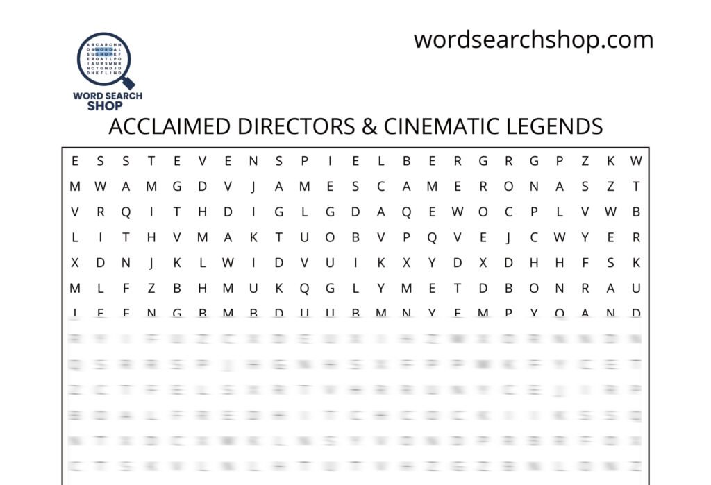 A movies word search puzzle that is titled Acclaimed Directors & Cinematic Legends.