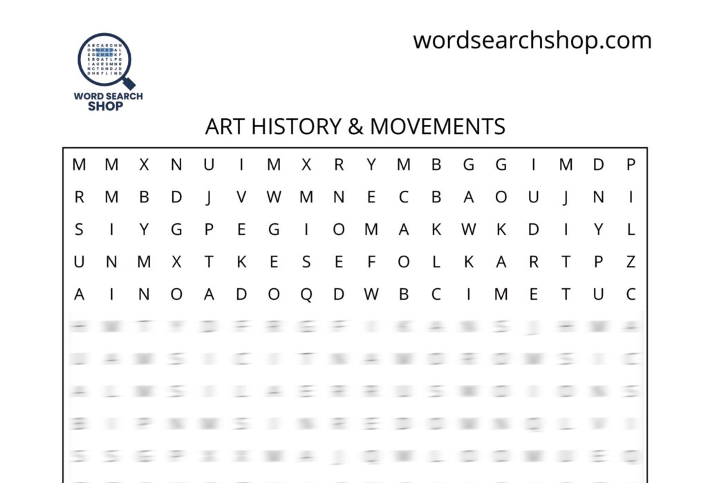 An art word search puzzle that is titled Art History & Movements.