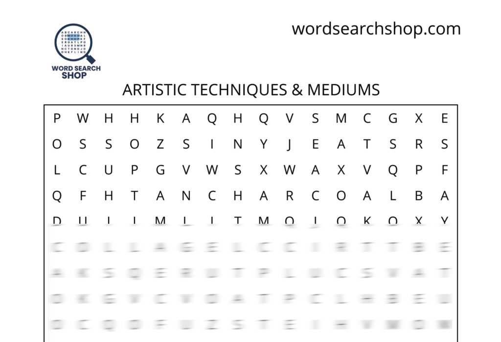 An art word search puzzle that is titled Artistic Techniques & Mediums.