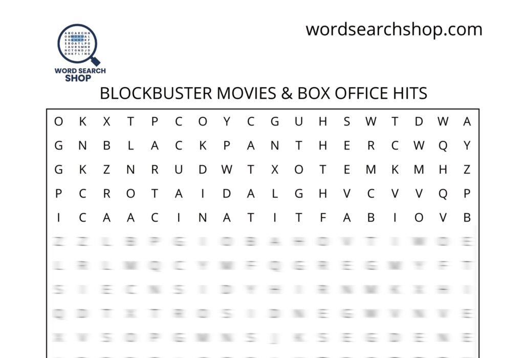 A movies word search puzzle that is titled Blockbuster Movies & Box Office Hits.