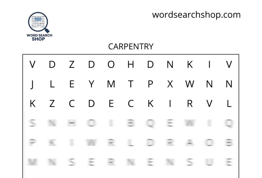 A skilled trade careers word search puzzle that is titled Carpentry.