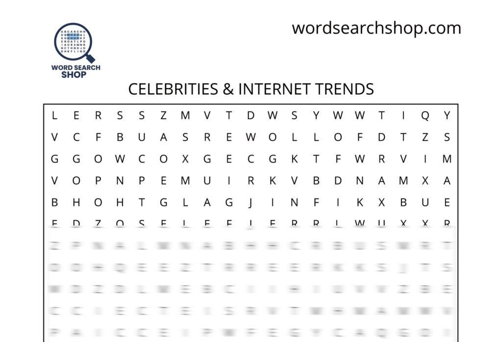 A pop culture word search puzzle that is titled Celebrities & Internet Trends.
