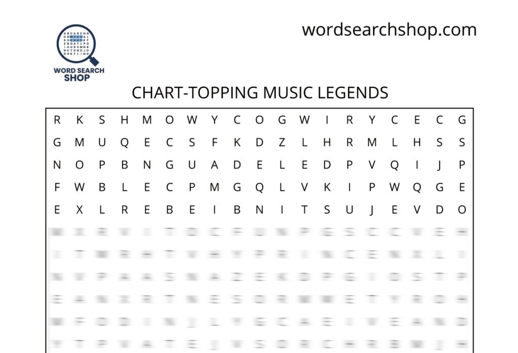 An celebrities word search puzzle that is titled Chart-Topping-Music-Legends.