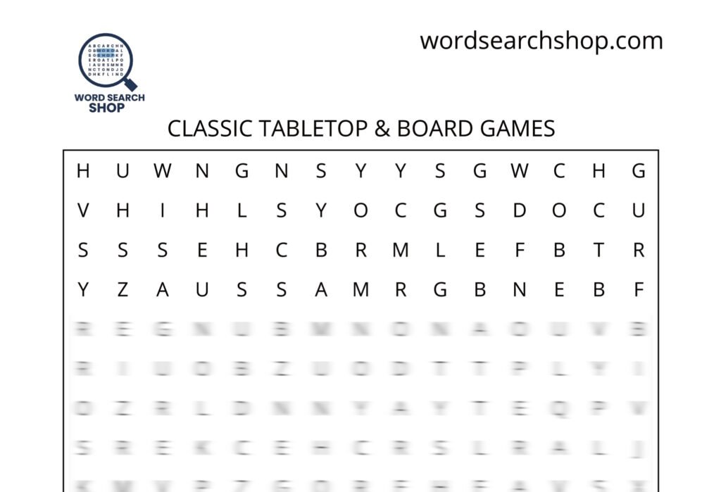 A games word search puzzle that is titled Classic Tabletop & Board Games.