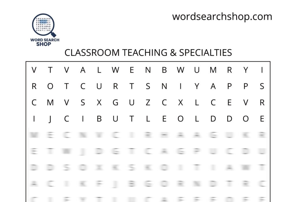 An education careers word search puzzle that is titled Classroom Teaching & Specialties.