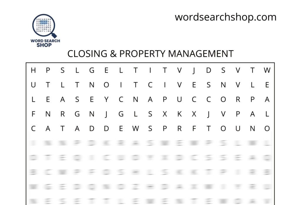 A real estate word search puzzle that is titled Closing & Property Management.