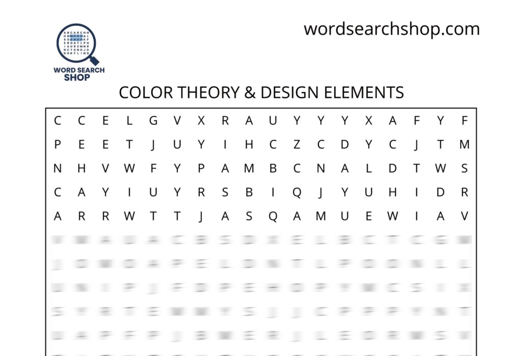 An art word search puzzle that is titled Color Theory & Design Elements.