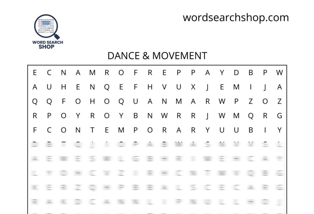A performing arts word search puzzle that is titled Dance & Movement.