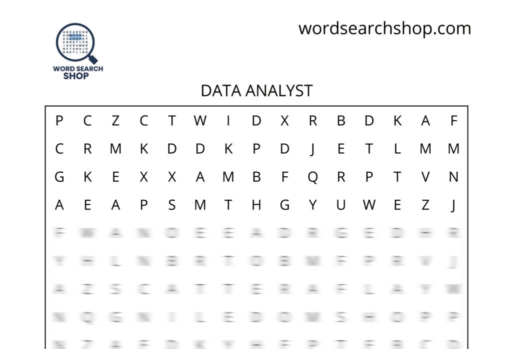 A tech careers word search puzzle that is titled Data Analyst.