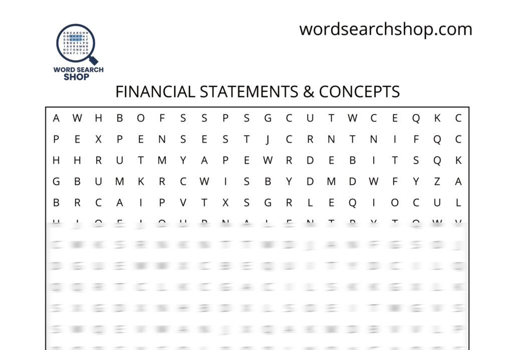 An accounting word search puzzle that is titled Financial Statements & Concepts.