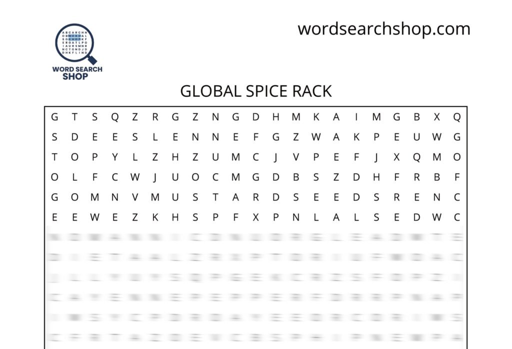 A herbs and spices word search puzzle that is titled Global Spice Rack.