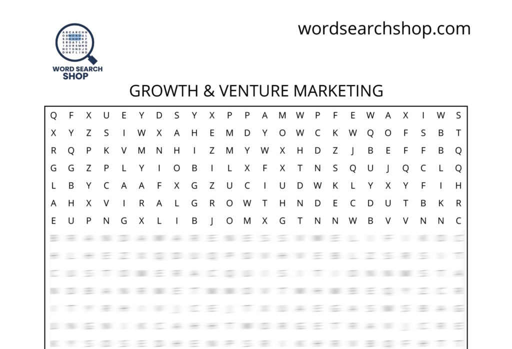An entrepreneurship word search puzzle that is titled Growth & Venture Marketing.