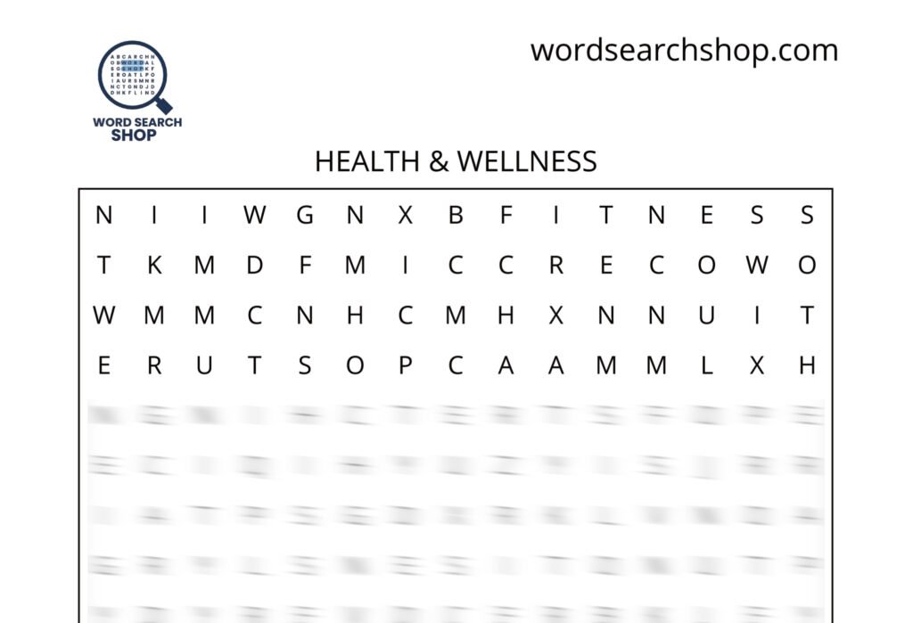 A health word search puzzle that is titled Health & Wellness