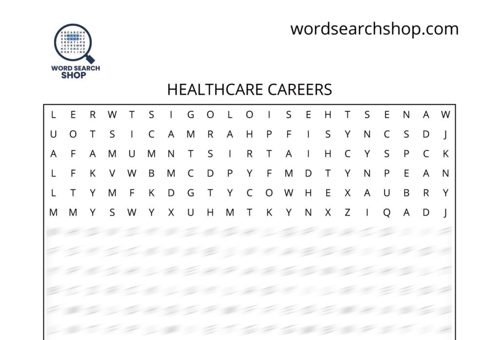 A healthcare careers word search puzzle that is titled Healthcare Careers.