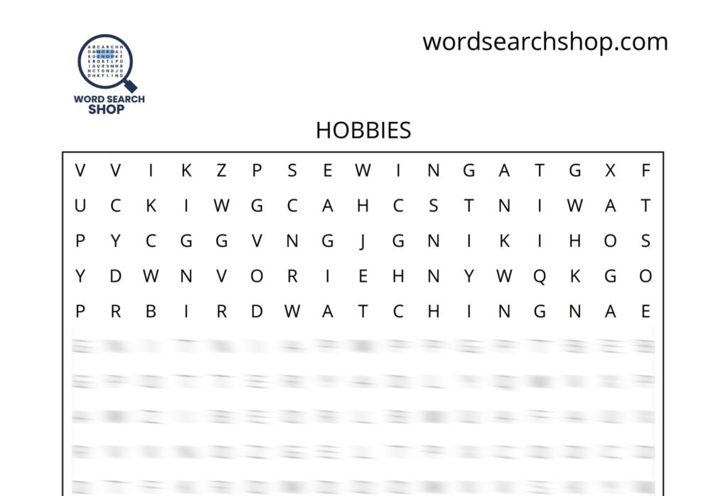 A hobbies word search puzzle titled Hobbies.