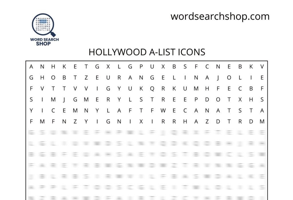An celebrities word search puzzle that is titled Hollywood A-List Icons.