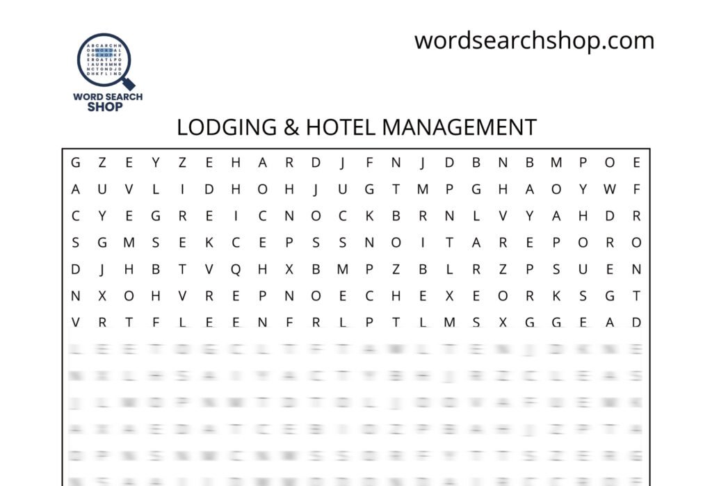 A hospitality careers word search puzzle that is titled Lodging & Hotel Management.