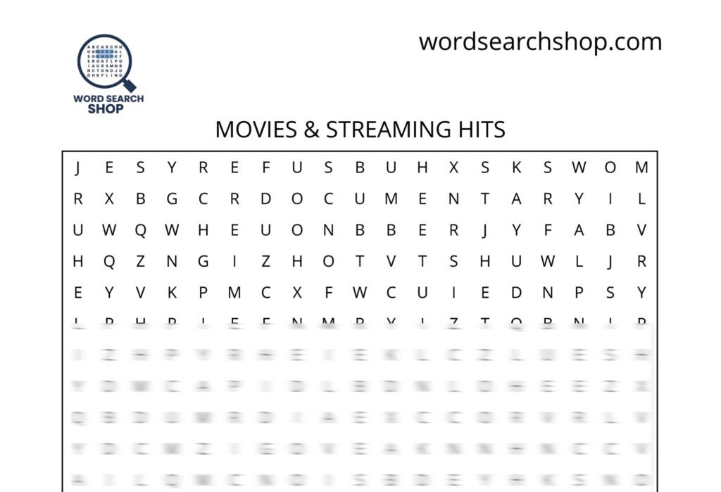 A pop culture word search puzzle that is titled Movies & Streaming Hits.