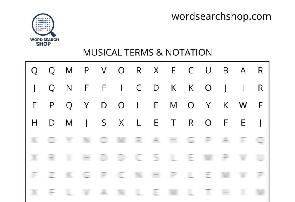 A music word search puzzle that is titled Musical Terms & Notation.