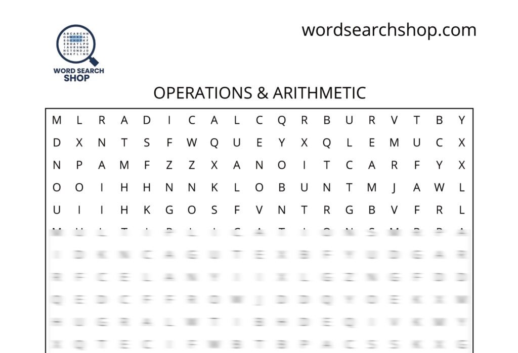 A math word search puzzle that is titled Operations & Arithmetic.