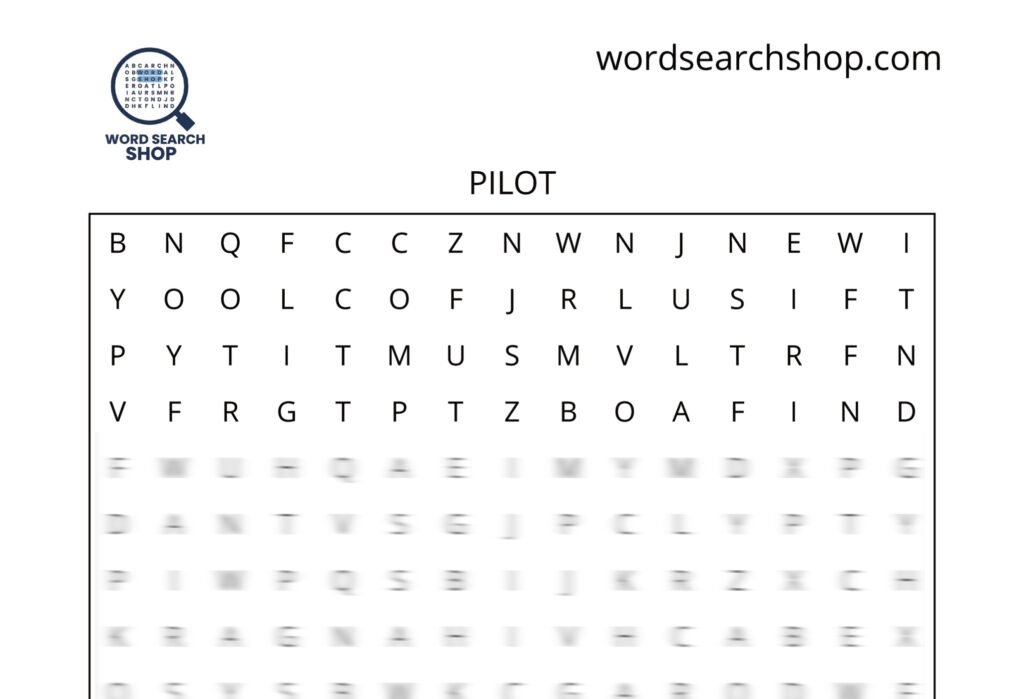 A transportation careers word search puzzle that is titled Pilot.