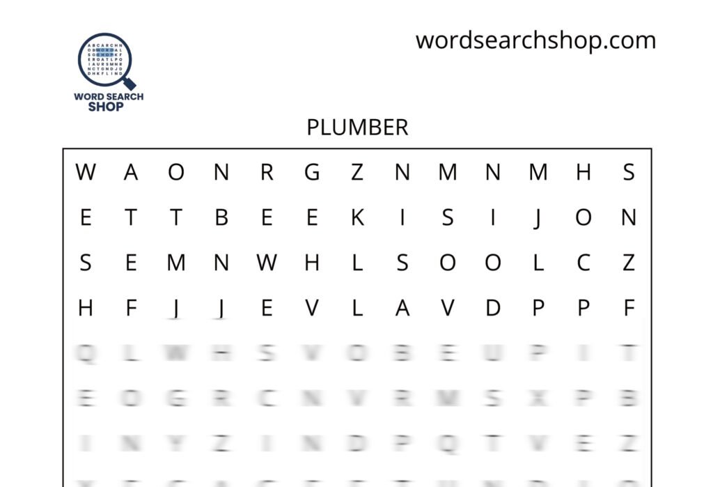 A skilled trade careers word search puzzle that is titled Plumber.