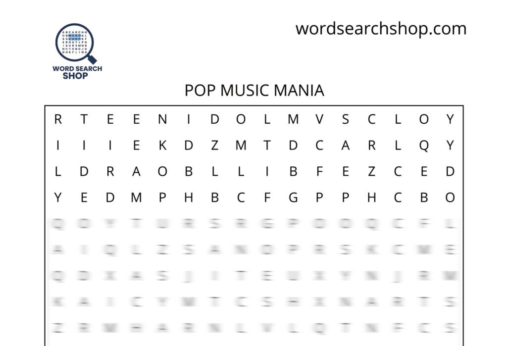 A music word search puzzle that is titled Pop Music Mania.