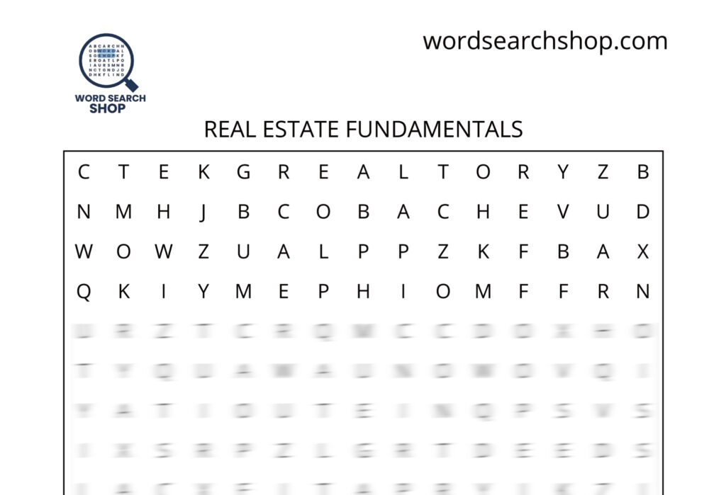 A real estate word search puzzle that is titled Real Estate Fundamentals.