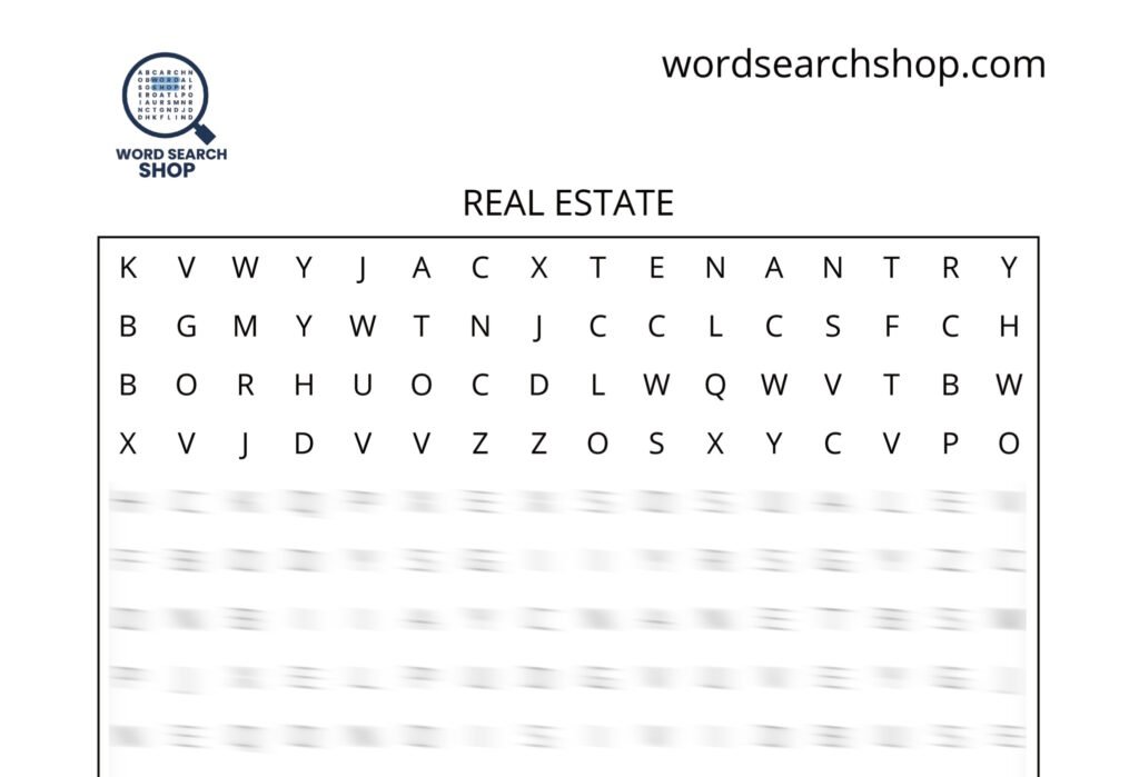 A real estate word search that is titled Real Estate.