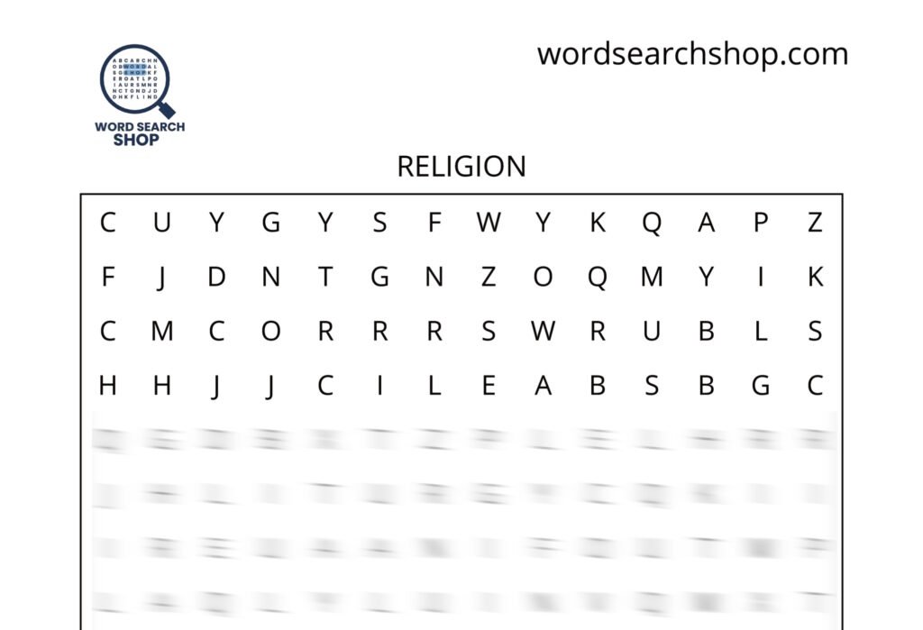 A religion word search puzzle titled Religion.
