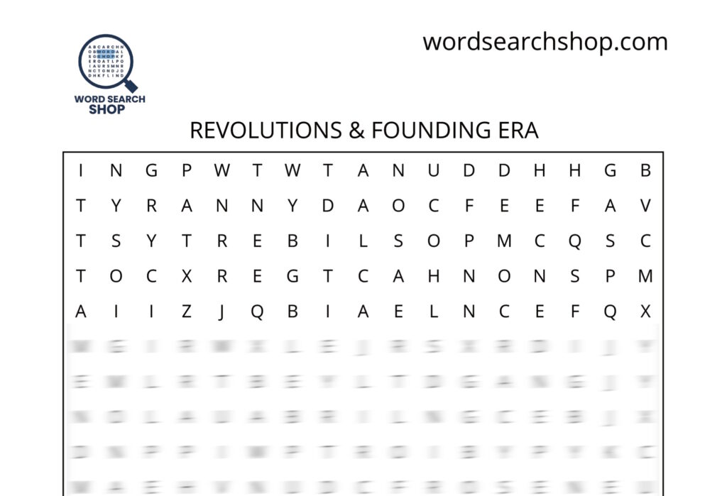 A history word search puzzle that is titled Revolutions & Founding Era.
