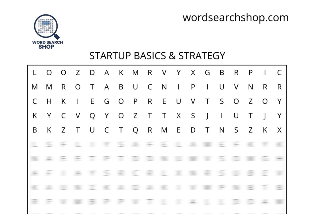 An entrepreneurship word search puzzle that is titled Startup Basics & Strategy.